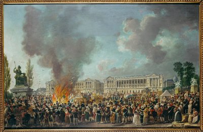 Monarkian tunnukset poltetaan Place de la Concorde -aukiolla ... tekijältä Pierre Antoine (attr. to) Demachy