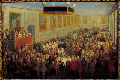 Ludvig XV:n pyhän juhla Reimsin arkkipiispan palatsissa 25. lokakuuta tekijältä Pierre Denis Martin
