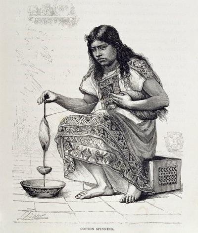 Puuvillan kehrääminen, Claude-Joseph-Desire Charnayn teoksesta "Uuden maailman muinaiset kaupungit", julkaisu. 1887 (kaiverrus) tekijältä Pierre (after) Fritel