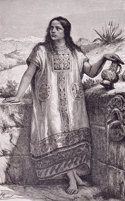 Nuori toltekkityttö, Claude-Joseph-Desire Charnayn teoksesta "Uuden maailman muinaiset kaupungit", julkaisu. 1887 (kaiverrus) tekijältä Pierre (after) Fritel