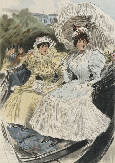 Arvostetut nuoret naiset, joilla on helppo hyve, kuvitus Octave Uzannen (1851-1931) "La Femme a Paris" -teoksesta 1894 (värikaiverrus) tekijältä Pierre (after) Vidal