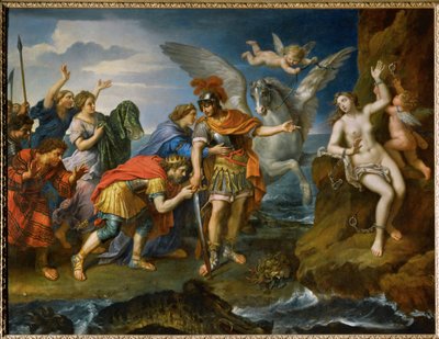 Etiopian kuningatar ja kuningas kiittävät Perseusta tyttärensä Andromedan vapauttamisesta ... tekijältä Pierre (follower of) Mignard