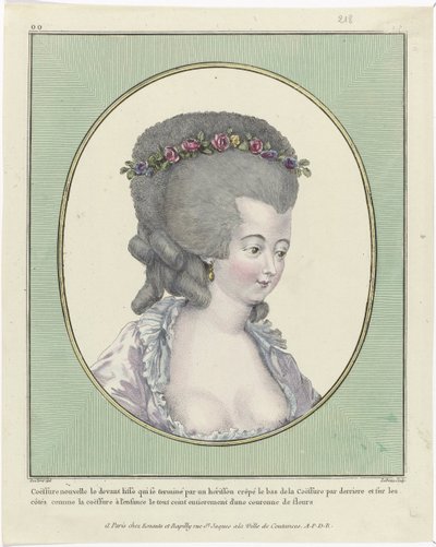 Kampaukset, puffit, hatut ja päälliset: yksitoista kampausta ja päähinettä Gallery of French Fashions and Costumes, 1781, oo 218: New Coëffure the front (...) tekijältä Pierre Adrien Le Beau