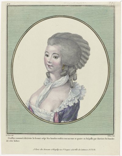Gallerie des Modes et Costumes Français, 1781, oo 221: Leeviläisen mukaan nimetty koeffure (...) tekijältä Pierre Adrien Le Beau