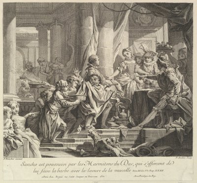 Herttuan keittiöpoikien jahtaama Sancho, 1700-luku. tekijältä Pierre Alexandre Aveline