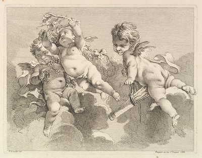 Kolme rakkautta, yksi kädessään värinä, toinen, viinirypäleet, 1727-60. tekijältä Pierre Alexandre Aveline