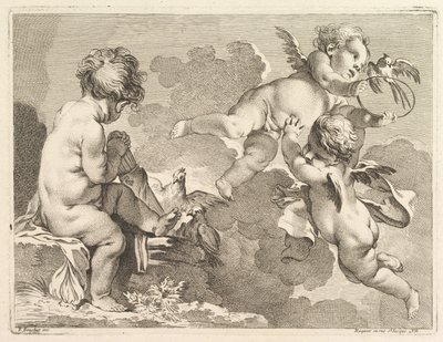 Kolme rakkautta, joista yksi istuu, kädessään nuoli, 1727-60. tekijältä Pierre Alexandre Aveline