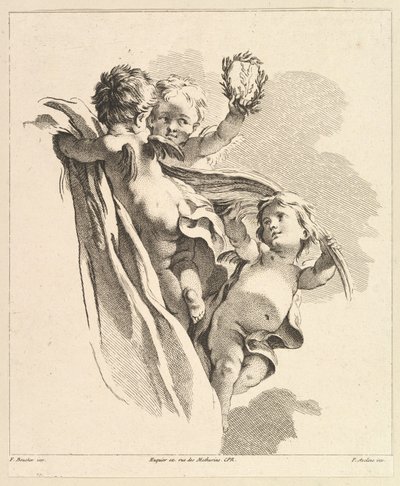 Kolme Cupidoa, joista yhdellä on kruunu, neljännestä lasten ryhmien kirjasta, 1700-luvulta. tekijältä Pierre Alexandre Aveline