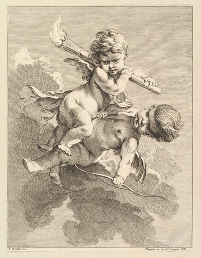 Kaksi Cupidoa, toinen kantaa taskulamppua, toinen jousi, 1727-60. tekijältä Pierre Alexandre Aveline