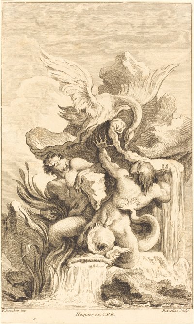 Kaksi Tritonia ja Joutsen, vuonna 1736 tai sen jälkeen. tekijältä Pierre Alexandre Aveline