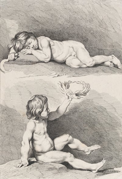 Kaksi alaston lasta, toinen nukkuu ja toinen kädessään seppele, kirjasta New Book of Childr..., 1720-60. tekijältä Pierre Alexandre Aveline