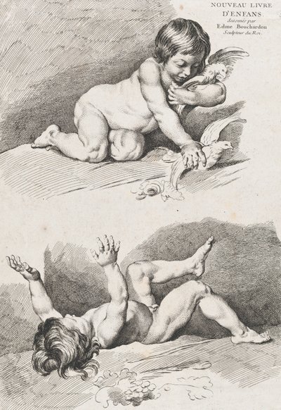 Kaksi alastomaa lasta leikkimässä lehdellä, Uudesta lastenkirjasta, 1720-60. tekijältä Pierre Alexandre Aveline