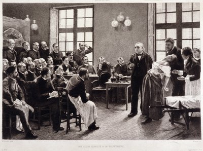 Dr. Charcotin kliininen luento Salpetrieressa vuonna 1887. Opiskelijat professori Jean Martin Charcotin laitokselta, joka selittää Blanche Wittmanin tapausta, hänen potilaansa ja marsua, jotka suosivat hysteriaa koskevaa tutkimustaan. Hän oli Joon avustaja tekijältä Pierre Andre (after) Brouillet