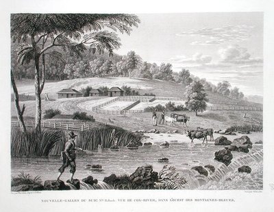 New South Wales, New Holland: Näkymä Cox-joelle Blue Mountains -vuorten länsipuolella, "Voyage Autour du Monde (1817-20)", Louis Claude Desaulses de Freycinet (1779-1842), kaiverrus Schroeder, julkaistu 1822 -24 (litho) tekijältä Pierre Antoine (after) Marchais