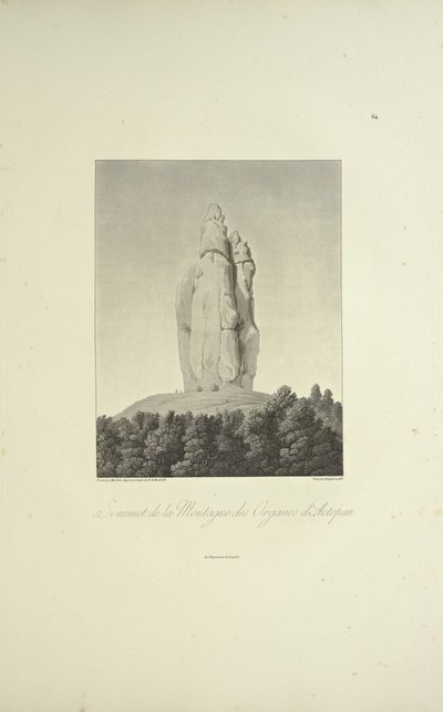 Organos-vuoren huippukokous, Actopan, kaiverrettu Bouquet, kuvitus Alexander von Humboldtin ja Aime Bonplandin teoksesta "Näkymät Cordilleraille ja Amerikan alkuperäiskansojen monumenteille" tekijältä Pierre Antoine (after) Marchais
