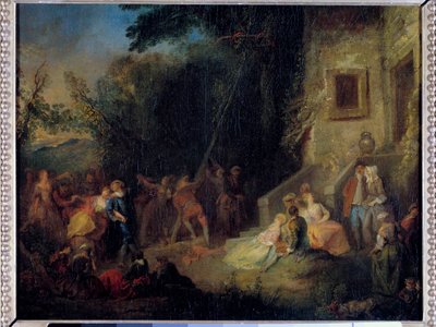 Toukokuun perinteinen juhla, joka koostui puun istuttamisesta toukokuussa. Pierre-Antoine Quillardin (n. 1701-1733) 1700-luvun maalaus. Aurinko 0,37x0,45 m tekijältä Pierre Antoine (attr. to) Quillard