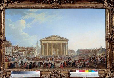 Uuden Saint Genevieven kirkon ensimmäisen kiven muurausseremonia 6.9.1764 lähellä Pantheonia Pierre Demachyn (1723-1807) maalaus 1765. Dim. 81 x 1,29 m Pariisi, museo Carnavalet - Uuden Pyhän Genevin kirkon ensimmäisen kiven muurausseremonia tekijältä Pierre Antoine Demachy