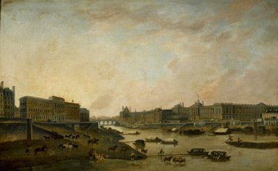 Hôtel de la Monnaie ja Louvre Pont-Neufista nähtynä, n. 1800. tekijältä Pierre Antoine Demachy