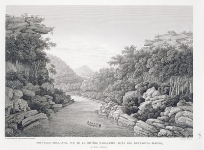 New Holland: Näkymä Warragamba-joelle Blue Mountainsissa, "Voyage Autour du Monde (1817-20)", Louis Claude De Saulces de Freycinet (1779-1842), kaiverrus Schroeder, julkaistu 1822-24 (li) tekijältä Pierre Antoine Marchais