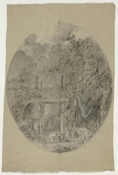 Näkymä Versaillesin puistoon: Sillan alla kylpevät naiset tekijältä Pierre Antoine Mongin