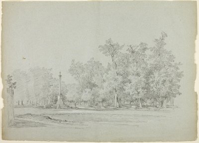 Näkymä Versaillesin puistoon: Versailles: Maisema, jossa muistopylväs ja puiden metsikkö. tekijältä Pierre Antoine Mongin