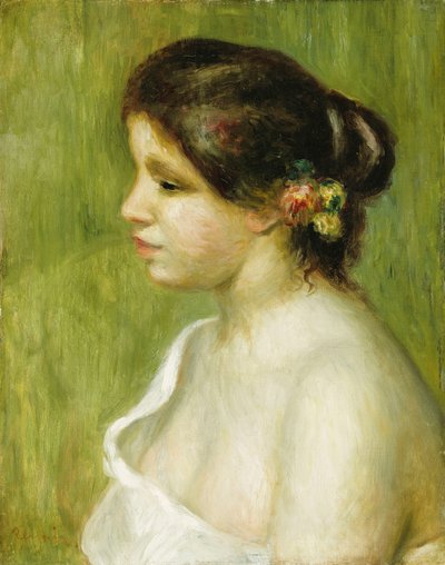 Nuoren tytön rintakuva ja kukkia koristamassa korvaansa, 1898 tekijältä Pierre-Auguste Renoir