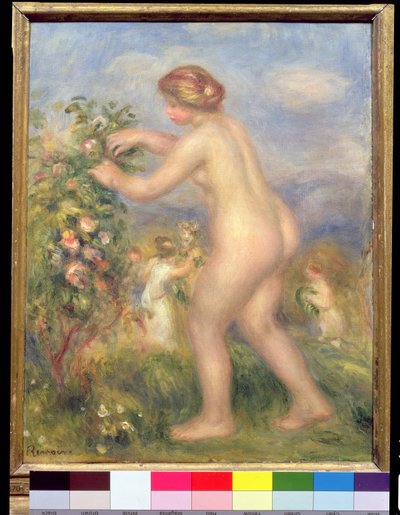 Nainen alaston poimimassa kukkia tekijältä Pierre Auguste Renoir