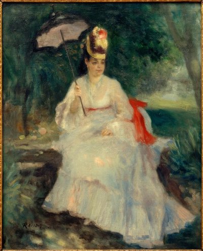 Nainen aurinkovarjon kanssa puutarhassa tekijältä Pierre Auguste Renoir
