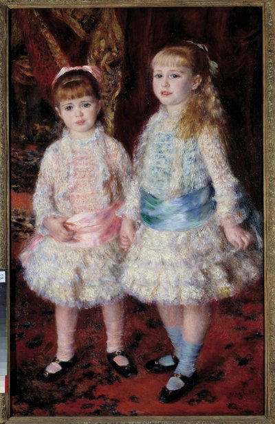 Täysi muotokuva Antwerpenin Caheneista, Antwerpenin pankkiirin Louis Cahenin (1837-1922) tyttärestä tai "Pink and Blue". Pierre Auguste Renoirin (1841-1919) maalaus 1881 Dim. 0,74x1,19 m Sao Paolo, taidemuseo – Cahen Demin kokopitkä muotokuva tekijältä Pierre-Auguste Renoir
