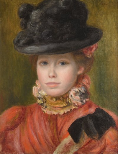 Tyttö mustassa hatussa punaisilla kukilla, c. 1890 tekijältä Pierre Auguste Renoir