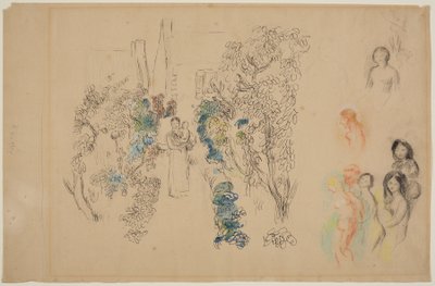Maisema ja hahmot (kynä, muste, wc ja värikynä paperille) tekijältä Pierre Auguste Renoir