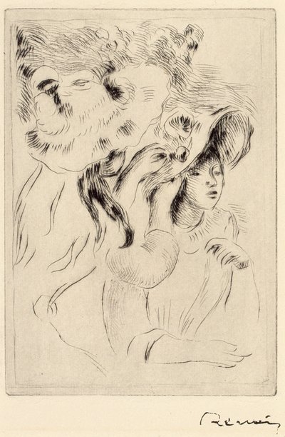 Le Chapeau Epignele, Pinning the Hat, c1894. tekijältä Pierre Auguste Renoir
