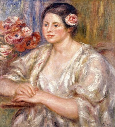 Madeleine valkoisessa puserossa ja kukkakimpussa, n. 1915-1919 tekijältä Pierre Auguste Renoir