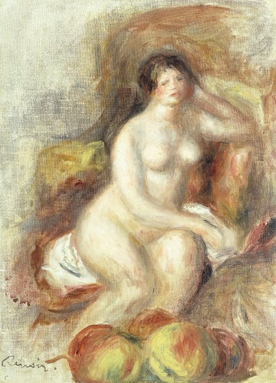 Alaston nainen istuu omenoiden kanssa; Istuva alaston nainen ja omenat, n. 1908 tekijältä Pierre Auguste Renoir