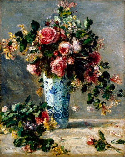Ruusut ja jasmiini Delft-maljakossa, 1880-1881. tekijältä Pierre-Auguste Renoir