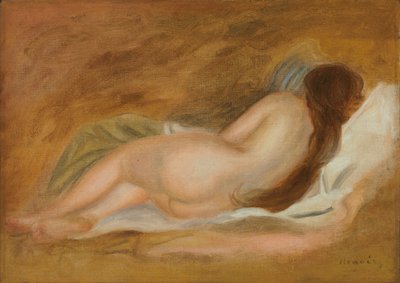 Nukkuva alastonkuva, takanäkymä, okratausta; Alaston sohva, takaa katsottuna, okralla taustalla, n. 1885 tekijältä Pierre Auguste Renoir
