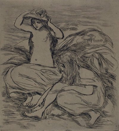 Kaksi naista uimassa, noin 1895 (etsaus ruskealle paperiarkille). tekijältä Pierre Auguste Renoir