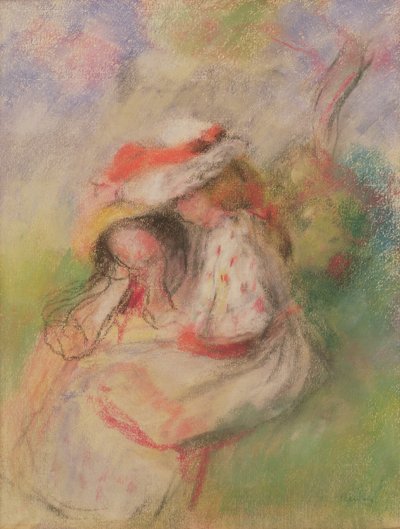 Kaksi nuorta tyttöä puutarhassa, n. 1885 (pastelli) tekijältä Pierre Auguste Renoir