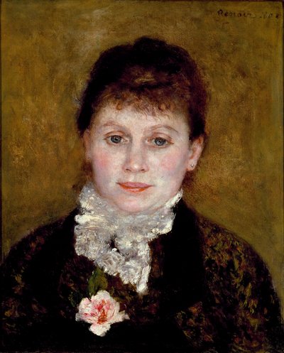 Naisella on valkoinen kaulus. Muotokuva naisesta ruusun kanssa tekijältä Pierre Auguste Renoir