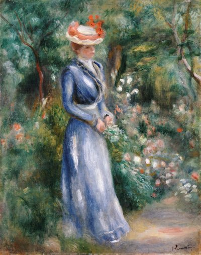 Nainen sinisessä mekossa seisoo puutarhassa Saint-Cloudissa tekijältä Pierre Auguste Renoir