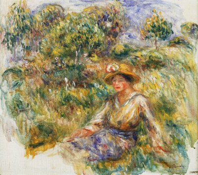 Nainen sinisessä hatussa istumassa nurmikolla; Nainen sinisessä hatussa istumassa nurmikolla, n. 1916 tekijältä Pierre Auguste Renoir