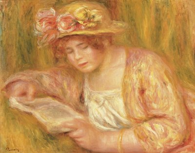 Nainen hattu lukemassa, n. 1917-1918 (öljy kankaalle) tekijältä Pierre Auguste Renoir