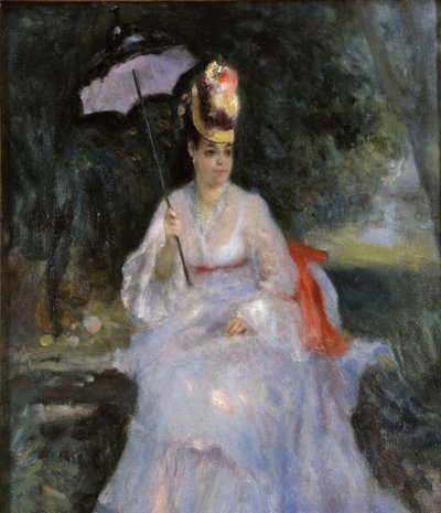 Nainen aurinkovarjoineen istumassa puutarhassa, 1872 tekijältä Pierre Auguste Renoir
