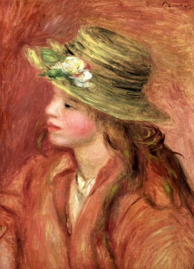 Nuori tyttö olkihatussa, n. 1908 tekijältä Pierre Auguste Renoir