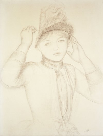 Nuori nainen järjestämässä hattuaan; Nuori tyttö järjestämässä hattuaan, n. 1885 tekijältä Pierre Auguste Renoir