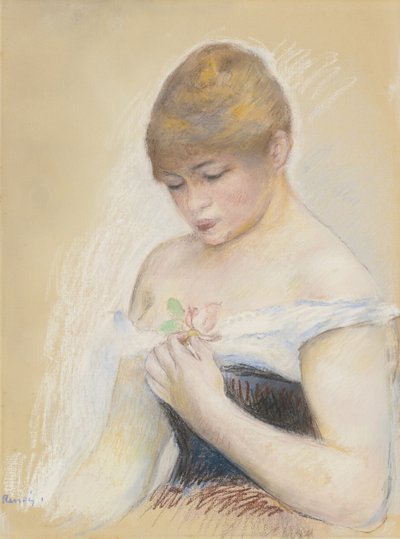 Nuori nainen, jolla on kukka. Näyttelijä Jeanne Samaryn muotokuva, n. 1880 tekijältä Pierre Auguste Renoir