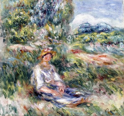 Nuori nainen istuu niityllä, tekijältä Pierre Auguste Renoir