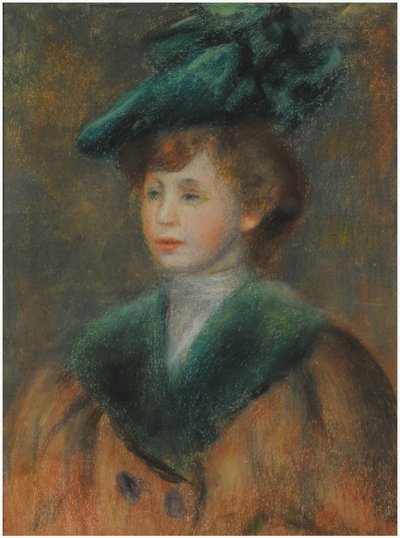 Nuori nainen vihreällä hatulla (pastelli paperille) tekijältä Pierre Auguste Renoir