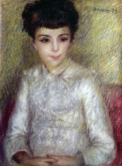 Nuori brunette tyttö istuu kädet ristissä tekijältä Pierre Auguste Renoir