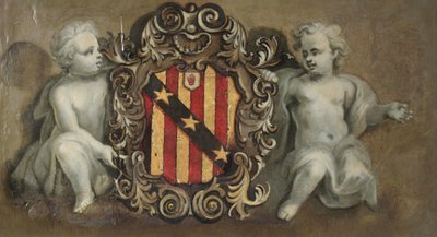 Kaksi puttia, jotka tukevat Cartouchea Eltonin käsivarsilla, n. 1710-20 (öljy kipsille) tekijältä Pierre Berchet